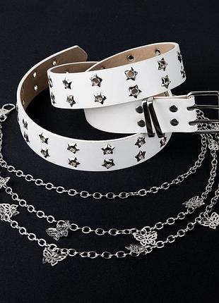 Набор ремень белый со звездами и цепь бабочки 9976-43 белый спел панк молочный ремешок