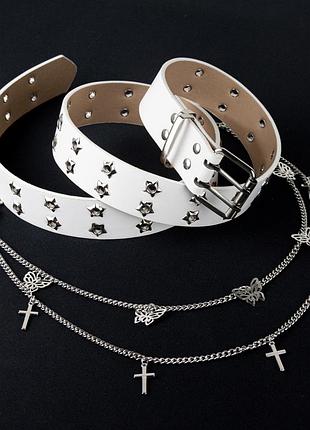 Набор ремень белый со звездами и цепь креста 9976-42 белый стил панк молочный ремешок кресты и бабочки