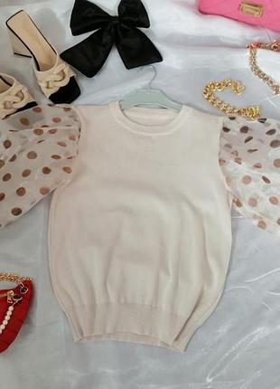 Блуза кофта тонка в'язка трикотаж з пишними руками з органзи в горох ліхтарик баф розмір універсальн