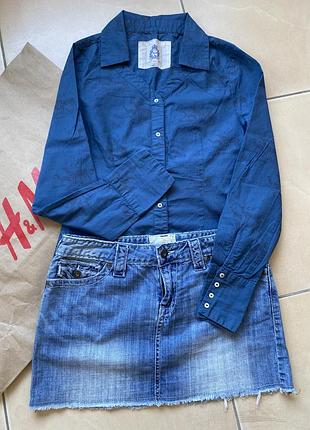 Лот жіночої одежи сорочка темно синього кольору з оленями + джинсова міні спідниця розмір xs s