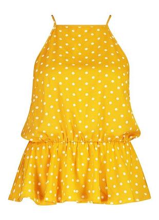 Жіноча жовта блуза-топ з баскою в горошок і декоративними ґудзиками по спинці