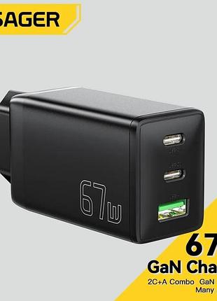 Сетевое зарядное устройство essager gan charger 2c+u 67w black