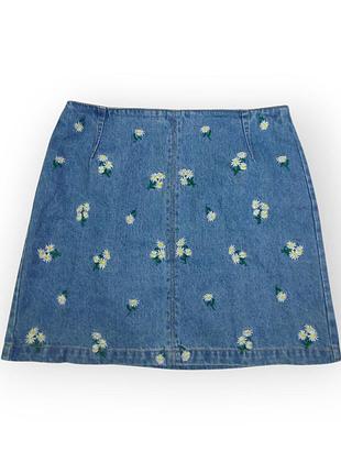 Джинсовая юбка h&m голубая с вышивкой размер 38 (м)