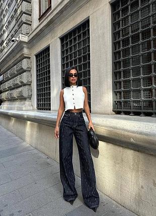 Джинсы женские багги черные коттон с декоративными камушками стильные трендовые