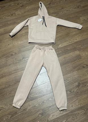 Sale🥰 костюм спортивний на флісі бежевий новий утеплений костюм на флісі з худі