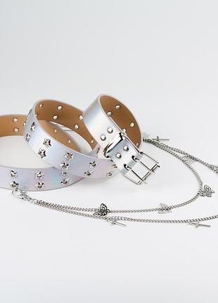 Ремень хамелион со звездами + цепочки 9931-44 ремешок 105 см голографический пояс со звездочками