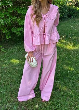 Костюм топ блуза с воротником и брюки хлопок