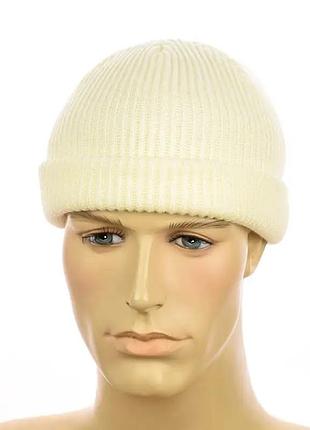 Шапка мини-бини унисекс с отворотом двойная вязка one size молочная