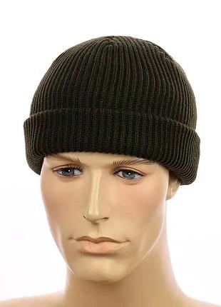Шапка мини-бини унисекс с отворотом двойная вязка one size темная хаки