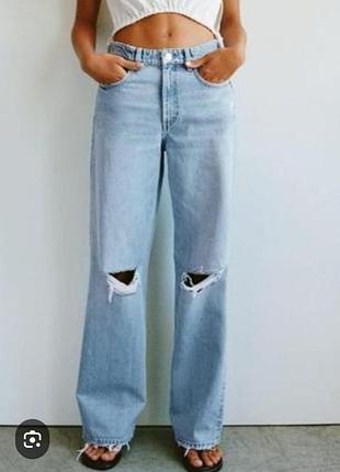 Джинсы брюки широкие wide leg с высокой посадкой с разрезами на коленях