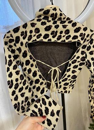 Леопардовий кроп-топ зара, кофта з відкритою спиною та завʼязкою,довгий рукав топ, лонгслів реглан,кофта в обтяжку лео zara