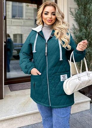 Куртка женская стеганая теплая батал удлиненная пальто с капюшоном демисезонная осенняя весенняя повседневная морская волна зелёная