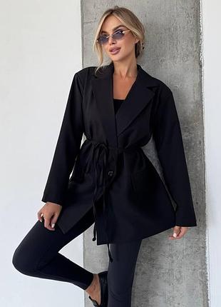 Піджак жіночий подовжений із підкладкою з поясом класичний однобортний жакет офісний діловий базовий повсякденний блейзер чорний