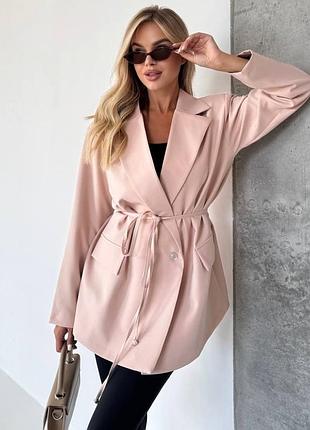 Піджак жіночий подовжений із підкладкою з поясом класичний однобортний жакет офісний діловий базовий повсякденний блейзер бежевий