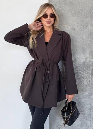 Піджак жіночий подовжений із підкладкою з поясом класичний однобортний жакет офісний діловий базовий повсякденний блейзер коричневий кавовий