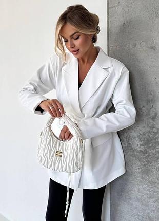 Піджак жіночий подовжений із підкладкою з поясом класичний однобортний жакет офісний діловий базовий повсякденний блейзер білий молочний
