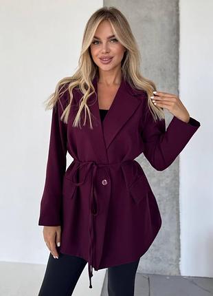 Піджак жіночий подовжений із підкладкою з поясом класичний однобортний жакет офісний діловий базовий повсякденний блейзер бордовий