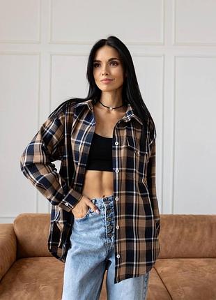 Жіноча  сорочка рубашка коричнева синя в клітинку з шерсті та акрилу шерстяна акрилова довга з довгими рукавами на гудзиках пряма