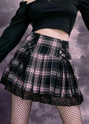 Готична юбка спідниця у складку у клітинку з кружевом