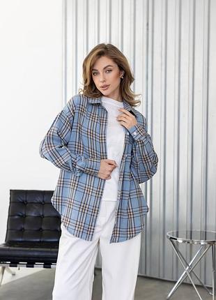 Женская рубашка рубашка голубая в клетку из шерсти и акрила шерстяная акриловая длинная с длинными рукавами на пуговицах прямая
