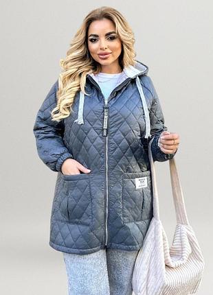 Куртка женская стеганая теплая батал удлиненная пальто с капюшоном демисезонная осенняя весенняя повседневная серая графитовая
