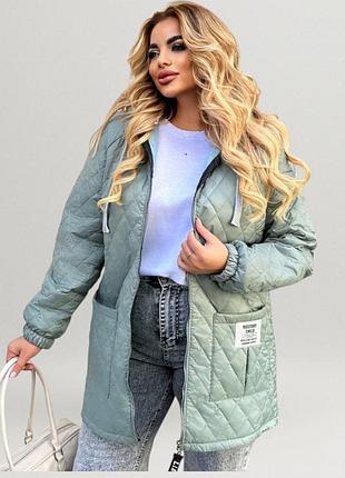 Куртка женская стеганая теплая батал удлиненная пальто с капюшоном демисезонная осенняя весенняя повседневная оливка
