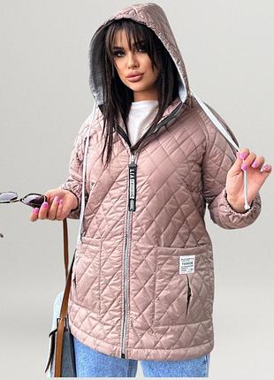 Куртка женская стеганая теплая батал удлиненная пальто с капюшоном демисезонная осенняя весенняя повседневная мокко