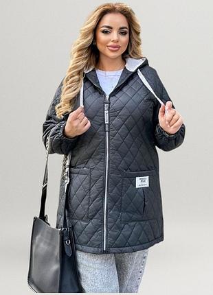 Куртка женская стеганая теплая батал удлиненная пальто с капюшоном демисезонная осенняя весенняя повседневная черная