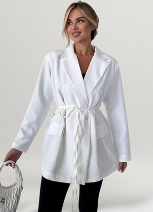 Піджак жіночий подовжений з підкладкою з поясом класичний однобортний жакет офісний діловий базовий повсякденний блейзер молочний білий