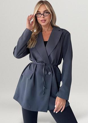 Піджак жіночий подовжений з підкладкою з поясом класичний однобортний жакет офісний діловий базовий повсякденний блейзер сірий графіт