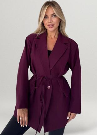 Піджак жіночий подовжений з підкладкою з поясом класичний однобортний жакет офісний діловий базовий повсякденний блейзер бордовий