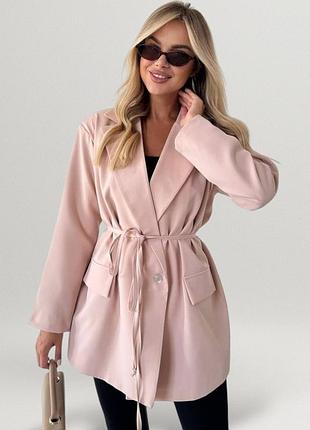Піджак жіночий подовжений з підкладкою з поясом класичний однобортний жакет офісний діловий базовий повсякденний блейзер бежевий