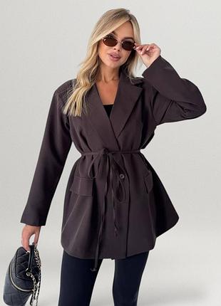 Піджак жіночий подовжений з підкладкою з поясом класичний однобортний жакет офісний діловий базовий повсякденний блейзер коричневий