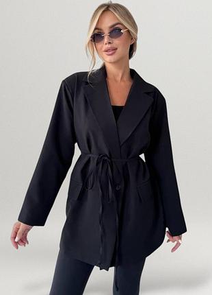 Піджак жіночий подовжений з підкладкою з поясом класичний однобортний жакет офісний діловий базовий повсякденний блейзер чорний
