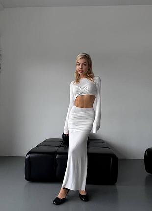 Стильний трикотажний костюм топ з довгими рукавами та спідниця максі