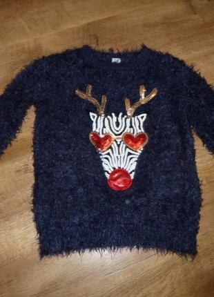 Новогодний свитер с оленем на 7 лет tu (темно-синий)2 фото