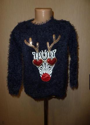 Новогодний свитер с оленем на 7 лет tu (темно-синий)