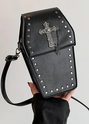 Чорна шкіряна готична сумка труна, гроб кросс-боді з металевим хрестом