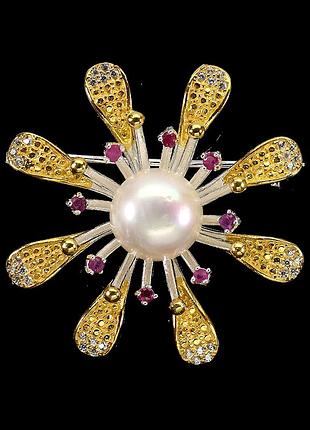 Брошь серебро 925 натуральный рубин жемчуг