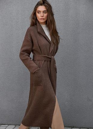 Шоколадне пальто-кардиган преміальної вовняної пряжі