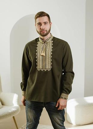 Чоловіча вишита сорочка вишиванка хакі льон