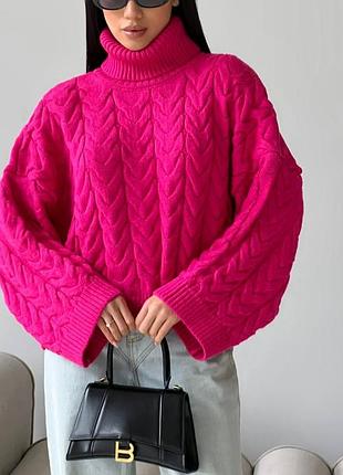 Распродажа 🏷 50% шерсть шерсть оверсайз укороченный свитер мирер в узор косы под горло с широкими рукавами малина