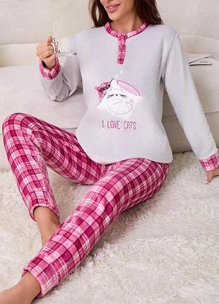 Теплая женская пижама с штанами m-3xl sleep cats