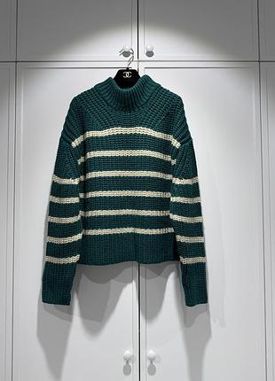 Essentiel antwerp теплий обʼємний зелений светр в смужку вовна шерсть