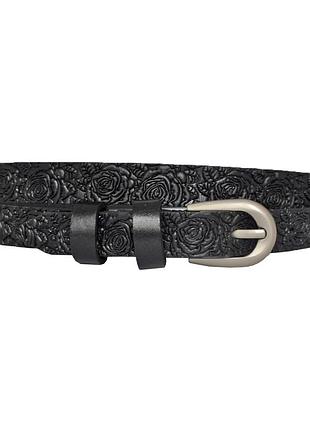 Ремень женский кожаный тонкий черный 1.5 см с тиснением розами из натуральной кожи