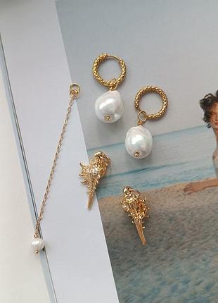 Сережки трансформери з підвісками перлина майорка та підвіска мушлі
