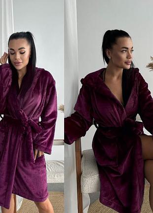 Бордовый женский махровый халат домашний с поясом