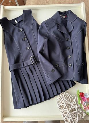 Шкілький комплект для дівчинки сарафан і піджак на підкладці темно-синій розмір 116 см