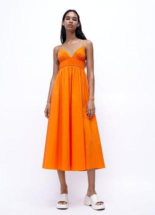 Яскавий сарафан міді zara, відкрите літнє плаття на бретельках, помаранчевий котоновий сарафан