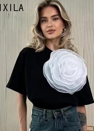 Женская повседневная свободная хлопковая футболка с коротким рукавом и круглым вырезом из винтажный 3d цветком белой